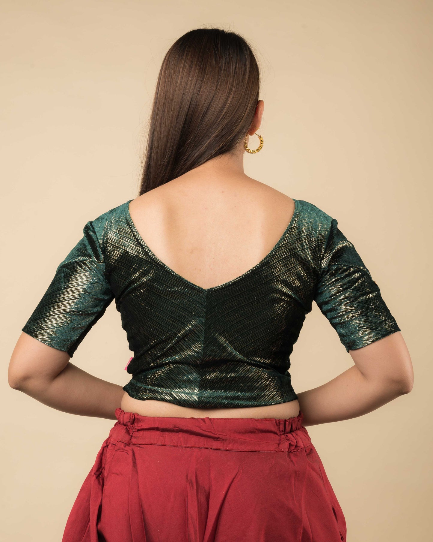 Gold Velvet Stripe with Hand Embroidery Buti Stretchable Slip on Blouse