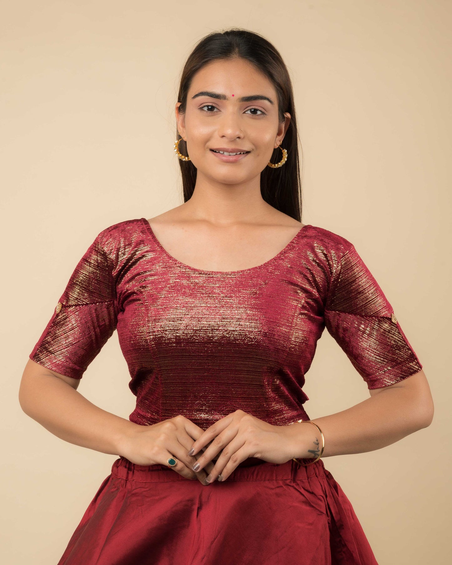 Gold Velvet Stripe with Hand Embroidery Buti Stretchable Slip on Blouse