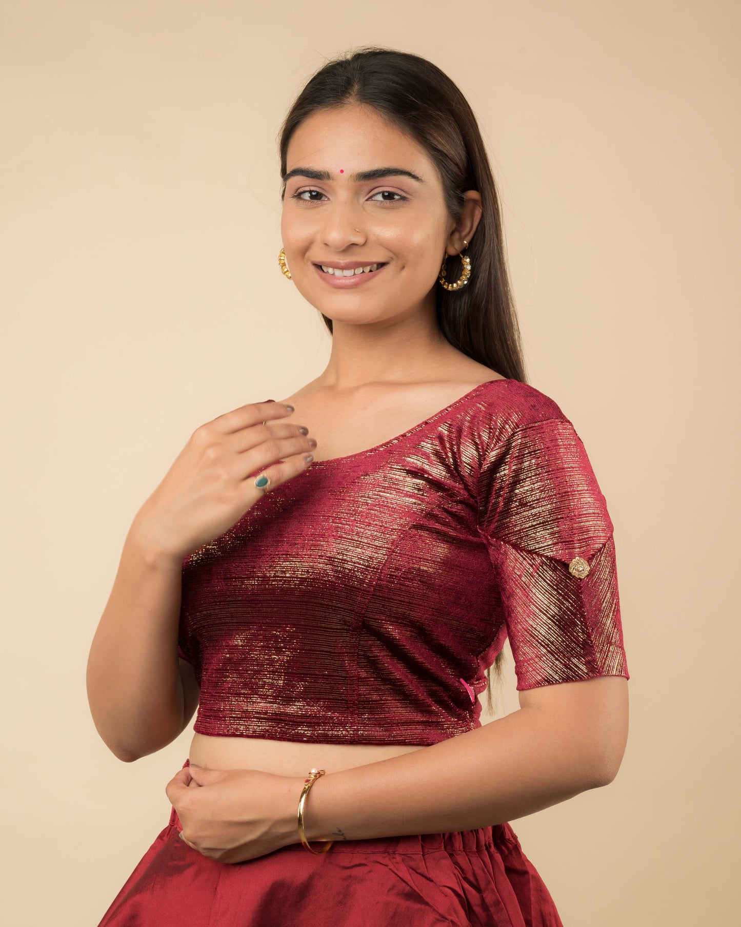 Gold Velvet Stripe with Hand Embroidery Buti Stretchable Slip on Blouse