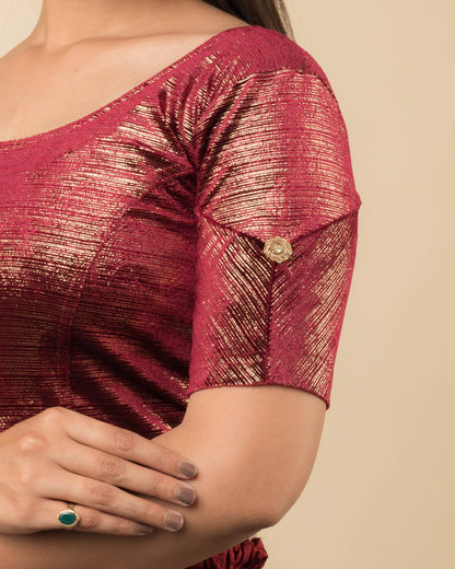 Gold Velvet Stripe with Hand Embroidery Buti Stretchable Slip on Blouse