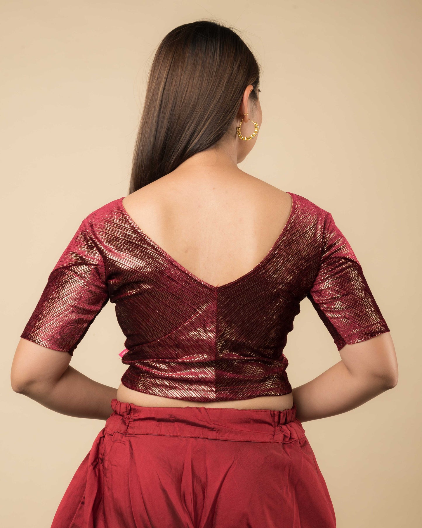 Gold Velvet Stripe with Hand Embroidery Buti Stretchable Slip on Blouse