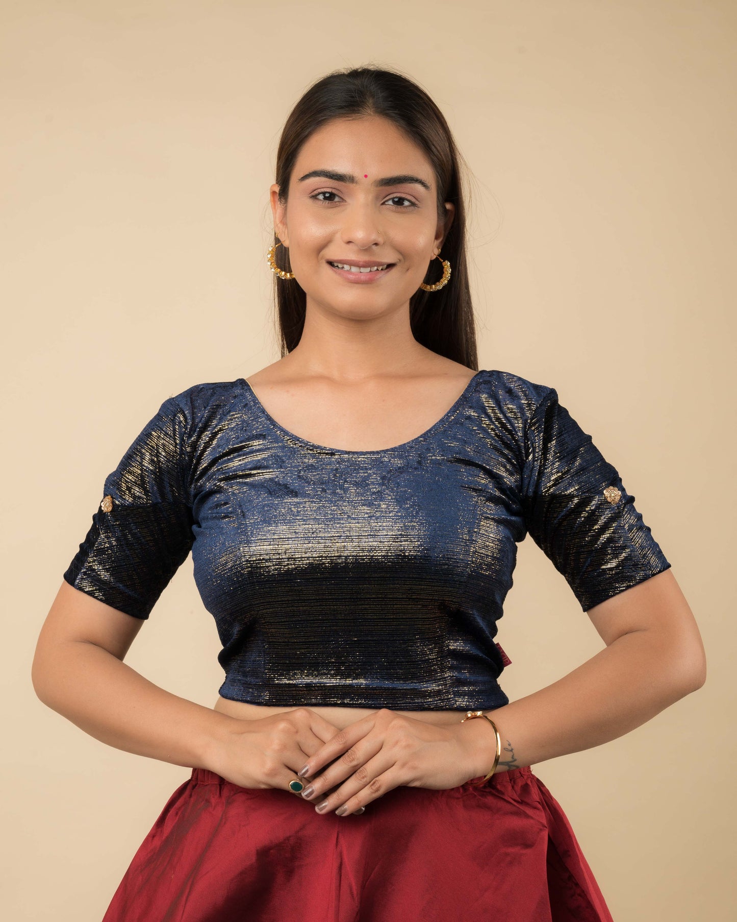 Gold Velvet Stripe with Hand Embroidery Buti Stretchable Slip on Blouse