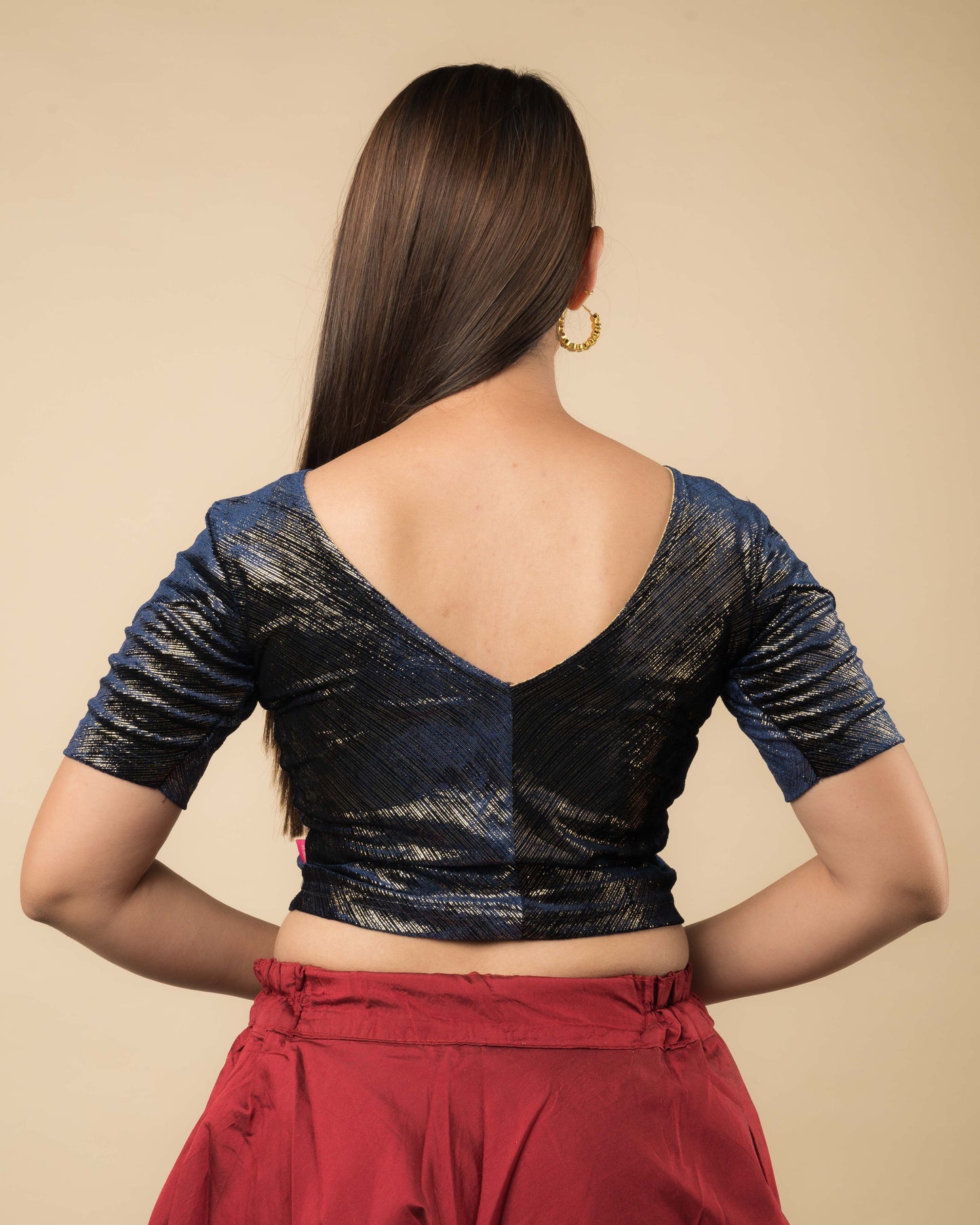 Gold Velvet Stripe with Hand Embroidery Buti Stretchable Slip on Blouse
