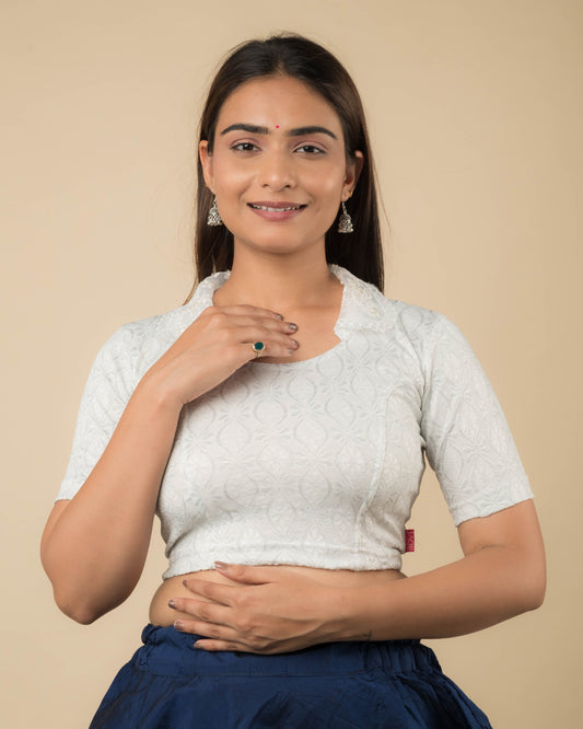 Kalki Hand Embroidered Collar with Zari Stretchable Slip on Blouse