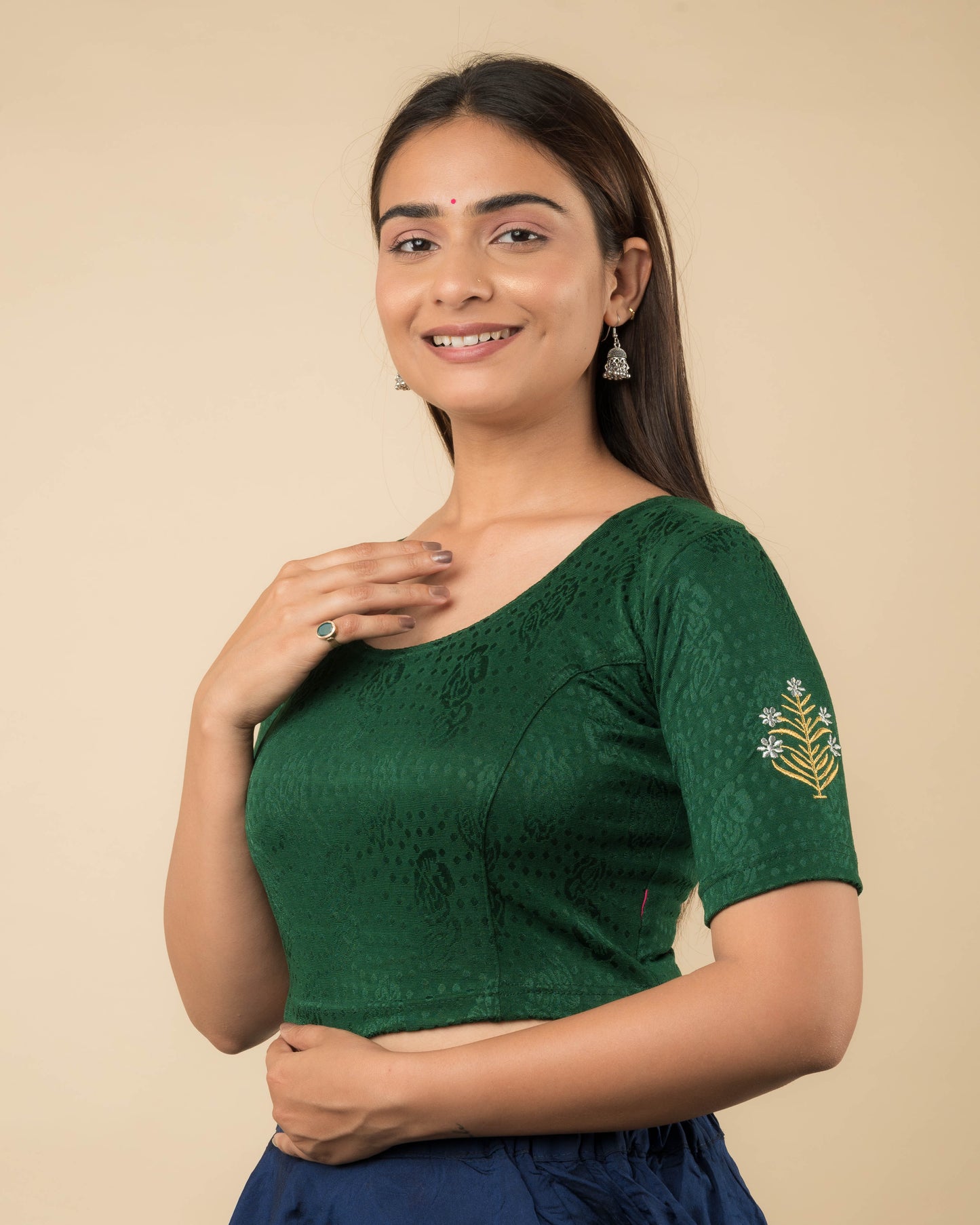 Tia Embroidery Motif Gold Silver Stretchable Slip On Blouse