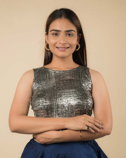 Tira Advi Silver Sparkle Stretch Blouse with Shiny Sequin Backless Design