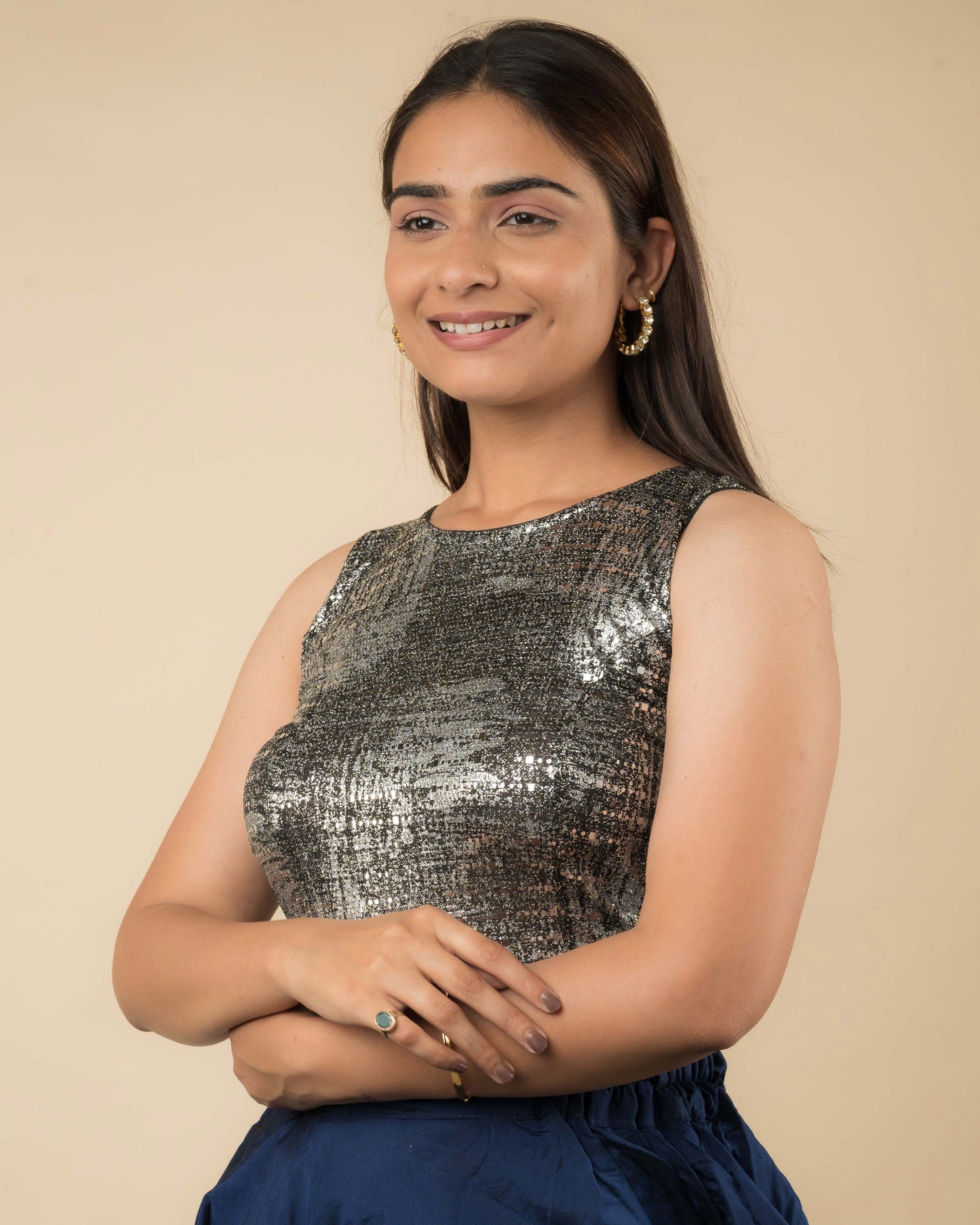 Tira Advi Silver Sparkle Stretch Blouse with Shiny Sequin Backless Design