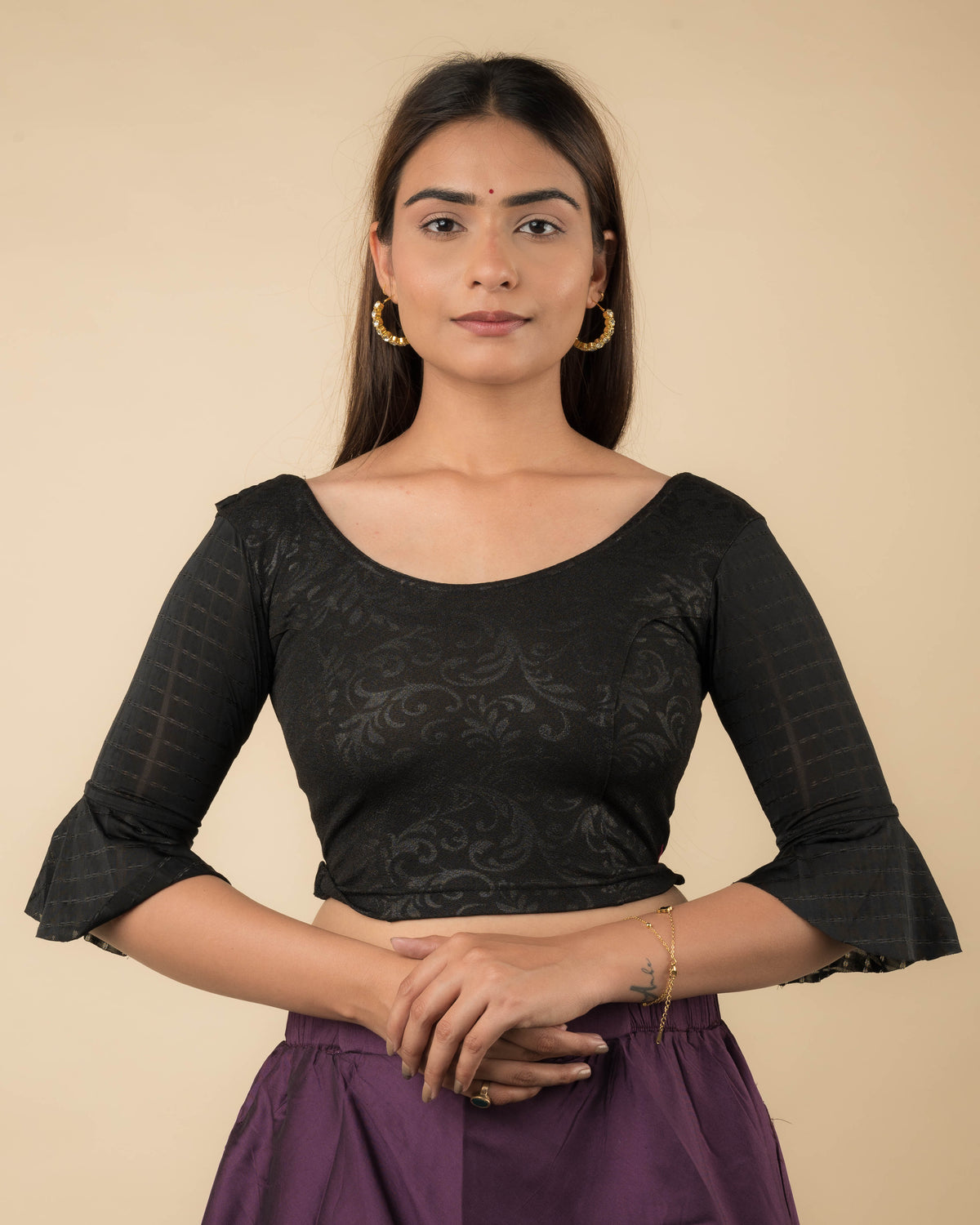 Reet Black Ruffle Neck Stretchable Slip on Blouse