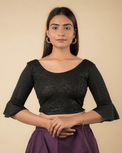 Reet Black Ruffle Neck Stretchable Slip on Blouse