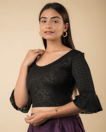 Reet Black Ruffle Neck Stretchable Slip on Blouse