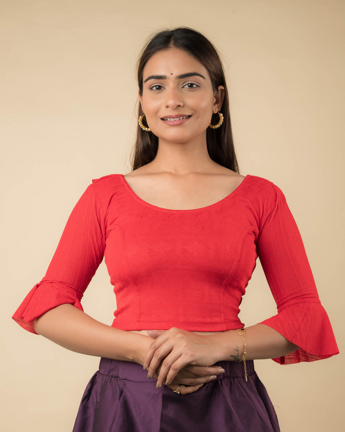 Reet Red Ruffle Neck Stretchable Slip on Blouse