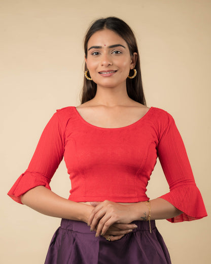 Reet Red Ruffle Neck Stretchable Slip on Blouse