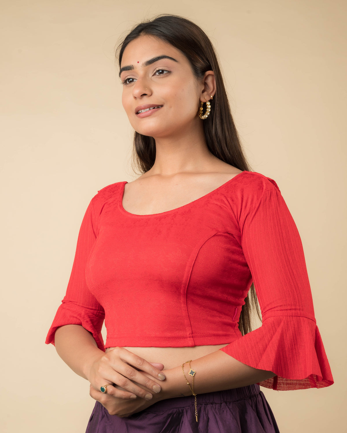 Reet Red Ruffle Neck Stretchable Slip on Blouse