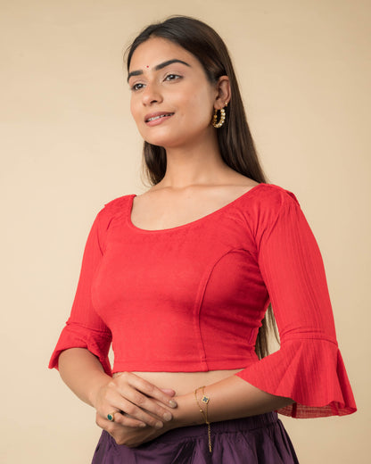 Reet Red Ruffle Neck Stretchable Slip on Blouse