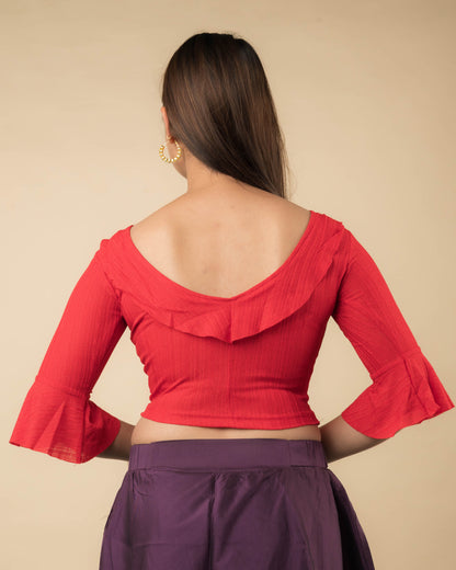 Reet Red Ruffle Neck Stretchable Slip on Blouse