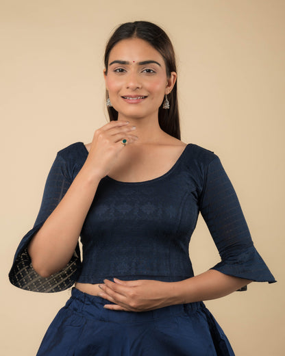 Reet Navy Ruffle Neck Stretchable Slip on Blouse