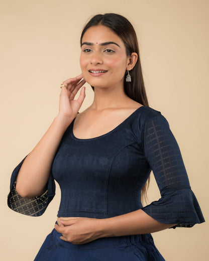 Reet Navy Ruffle Neck Stretchable Slip on Blouse