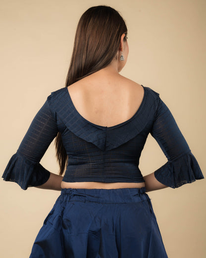 Reet Navy Ruffle Neck Stretchable Slip on Blouse