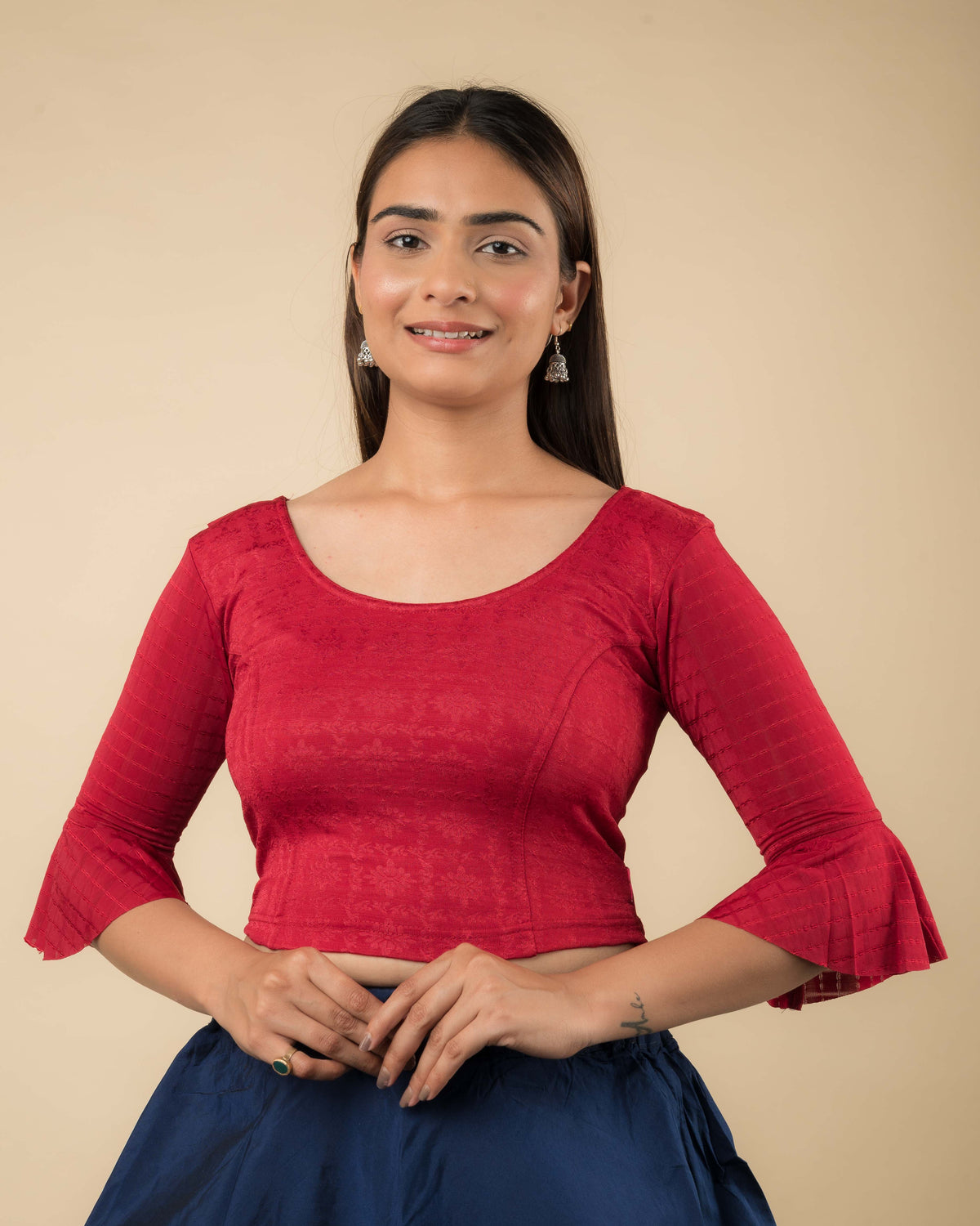 Reet Maroon Ruffle Neck Stretchable Slip on Blouse