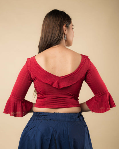 Reet Maroon Ruffle Neck Stretchable Slip on Blouse