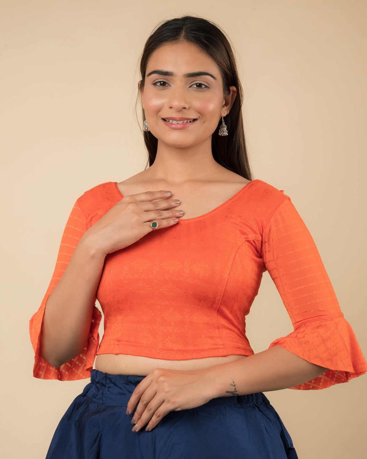 Reet Orange Ruffle Neck Stretchable Slip on Blouse