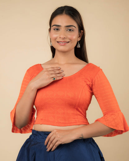 Reet Orange Ruffle Neck Stretchable Slip on Blouse
