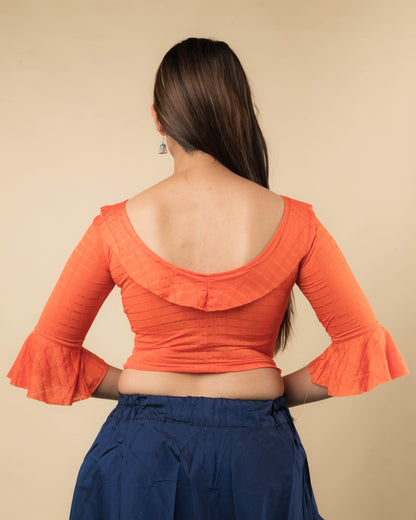 Reet Orange Ruffle Neck Stretchable Slip on Blouse