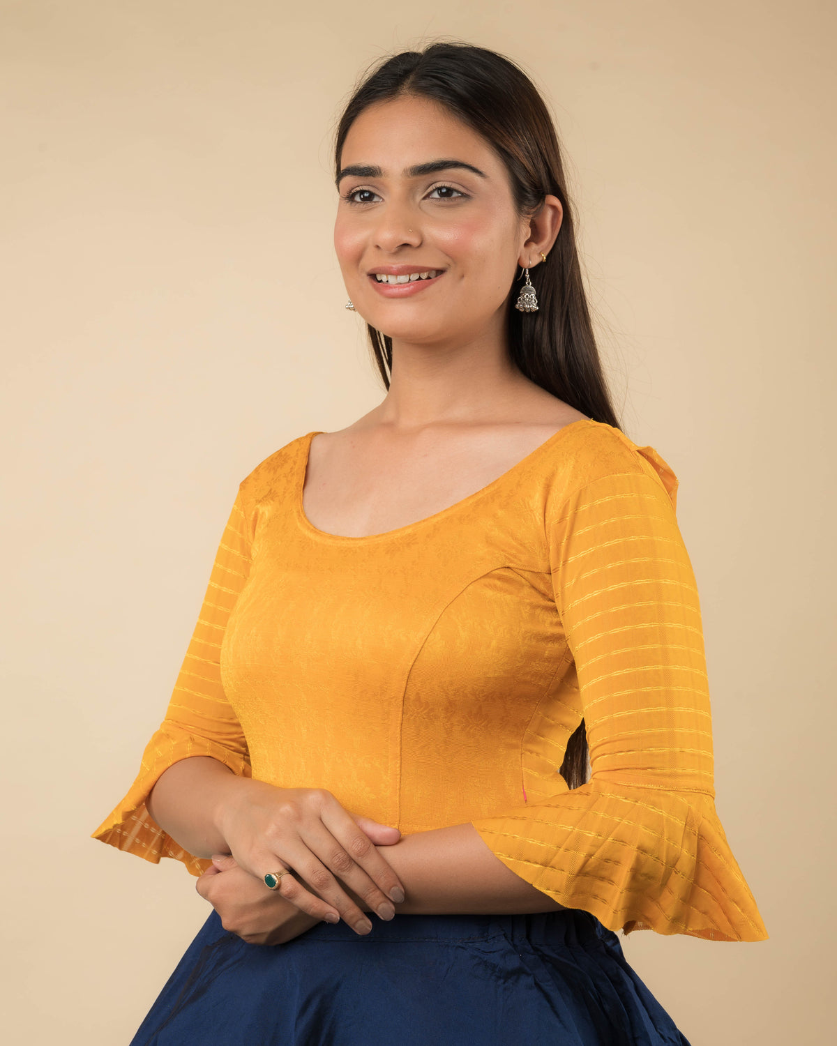 Reet Mustard Ruffle Neck Stretchable Slip on Blouse