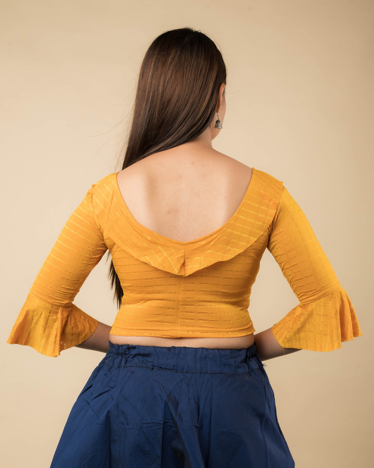 Reet Mustard Ruffle Neck Stretchable Slip on Blouse