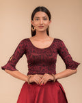 Taani Two Tone Maroon Fancy sleeve Ruffle Stretchable Slip On Blouse