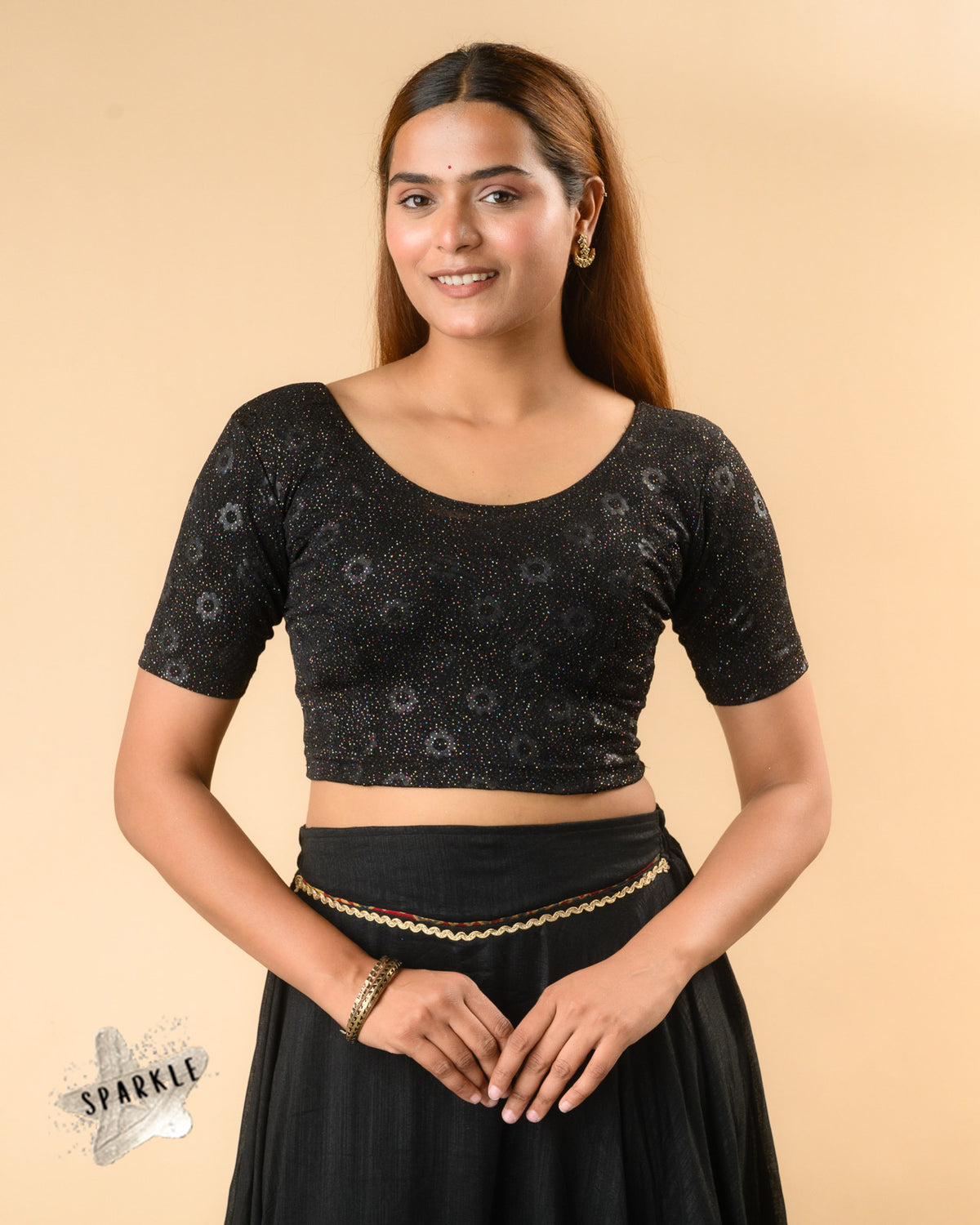Daisy black embossed floral glitter jacquard readymade blouse with round neck by Advi - front