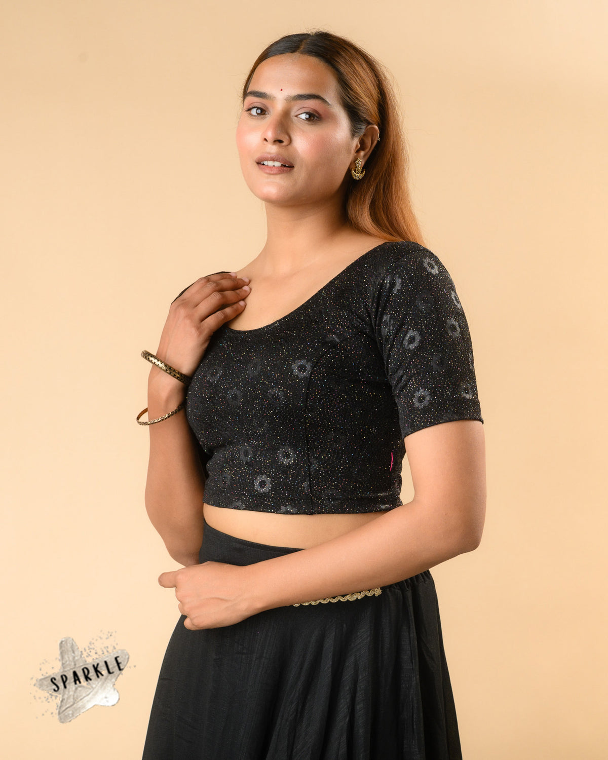 Daisy black glitter floral blouse side view with elbow sleeves by Advi - side