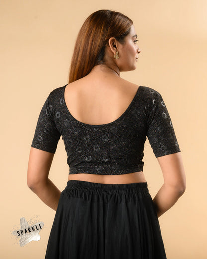 Daisy black stretch blouse showing the deep round back by Advi - back