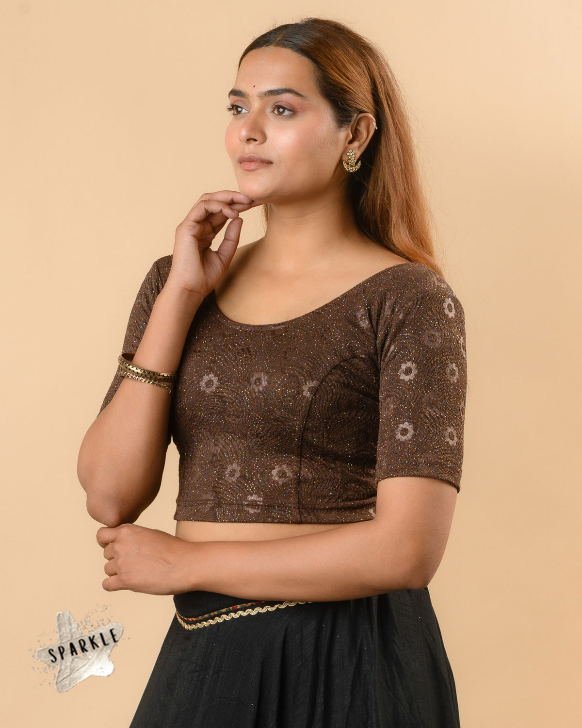Daisy coffee glitter floral blouse side view with elbow sleeves by Advi - side
