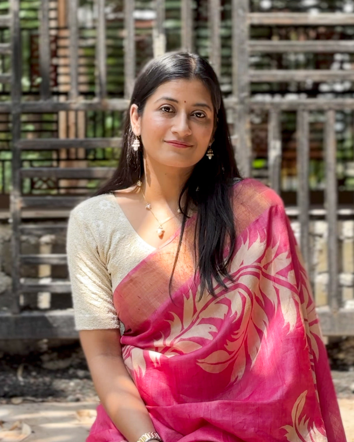 Daisy cream embossed floral glitter blouse styled with a saree by Advi - lookbook