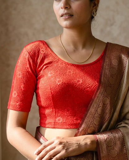 Daisy dark red embossed floral glitter blouse styled with a saree by Advi - lookbook