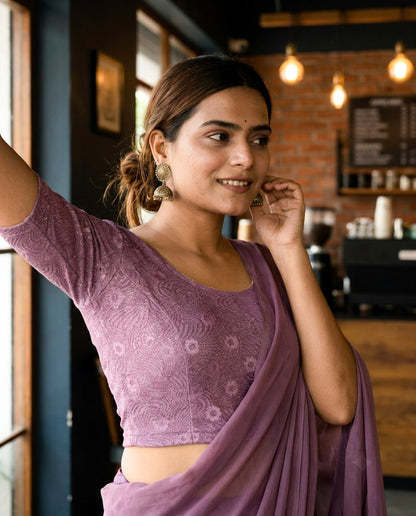 Daisy lavender embossed floral glitter blouse styled with a saree by Advi - lookbook