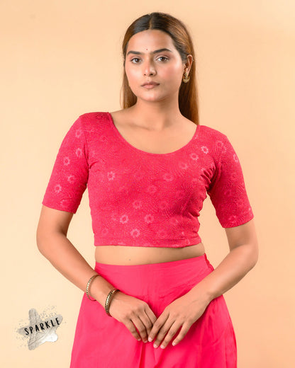 Daisy maharani embossed floral glitter jacquard readymade blouse with round neck by Advi - front