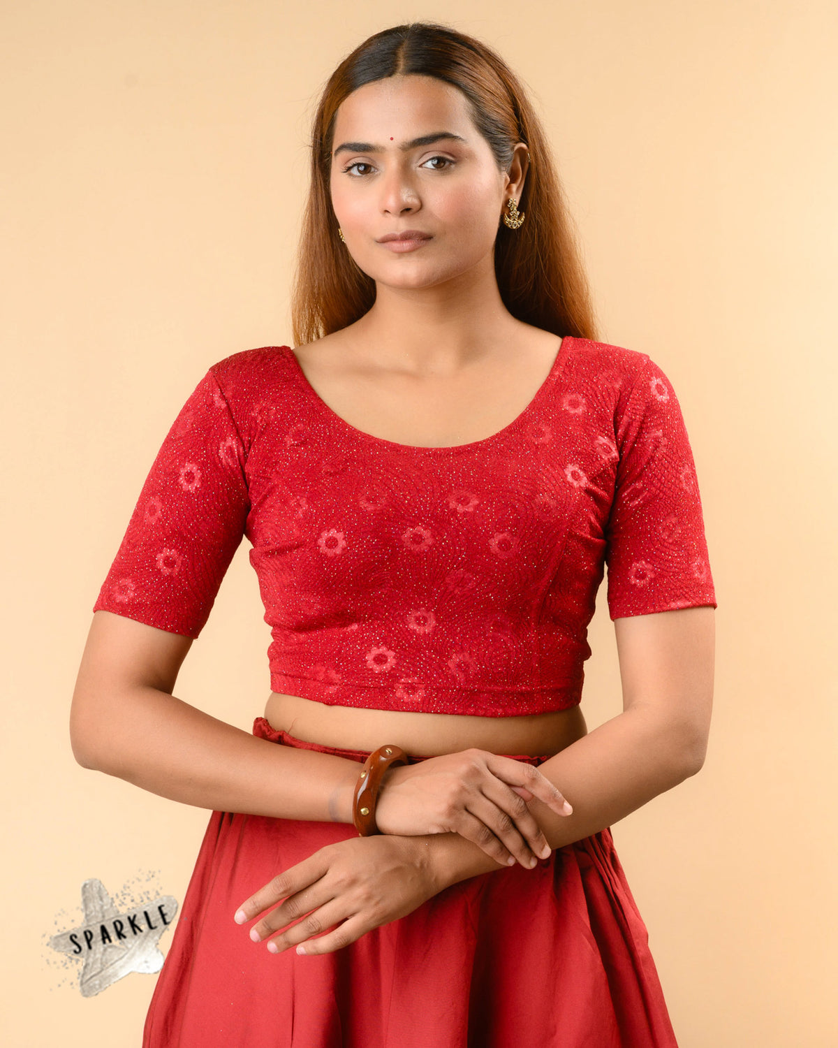 Daisy maroon embossed floral glitter jacquard readymade blouse with round neck by Advi - front
