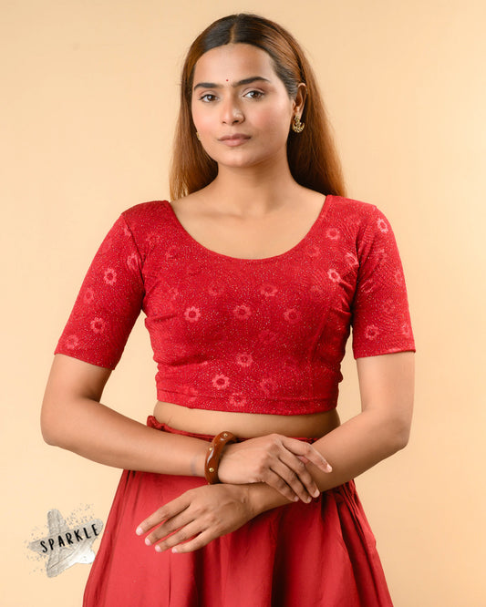 Daisy maroon embossed floral glitter jacquard readymade blouse with round neck by Advi - front