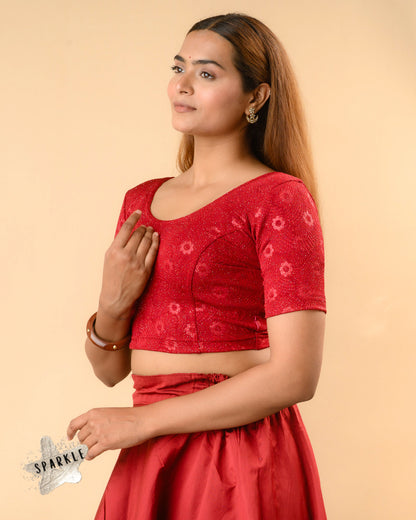 Daisy maroon glitter floral blouse side view with elbow sleeves by Advi - side