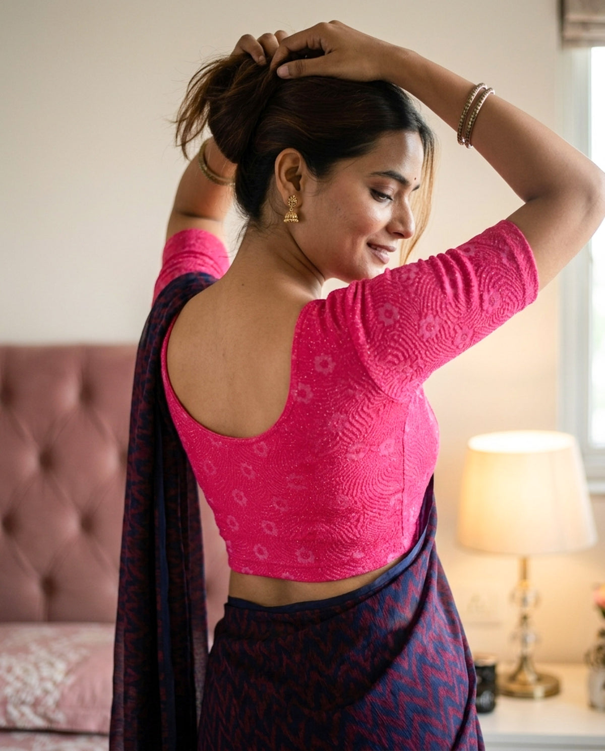 Daisy new rani embossed floral glitter blouse styled with a saree by Advi - lookbook