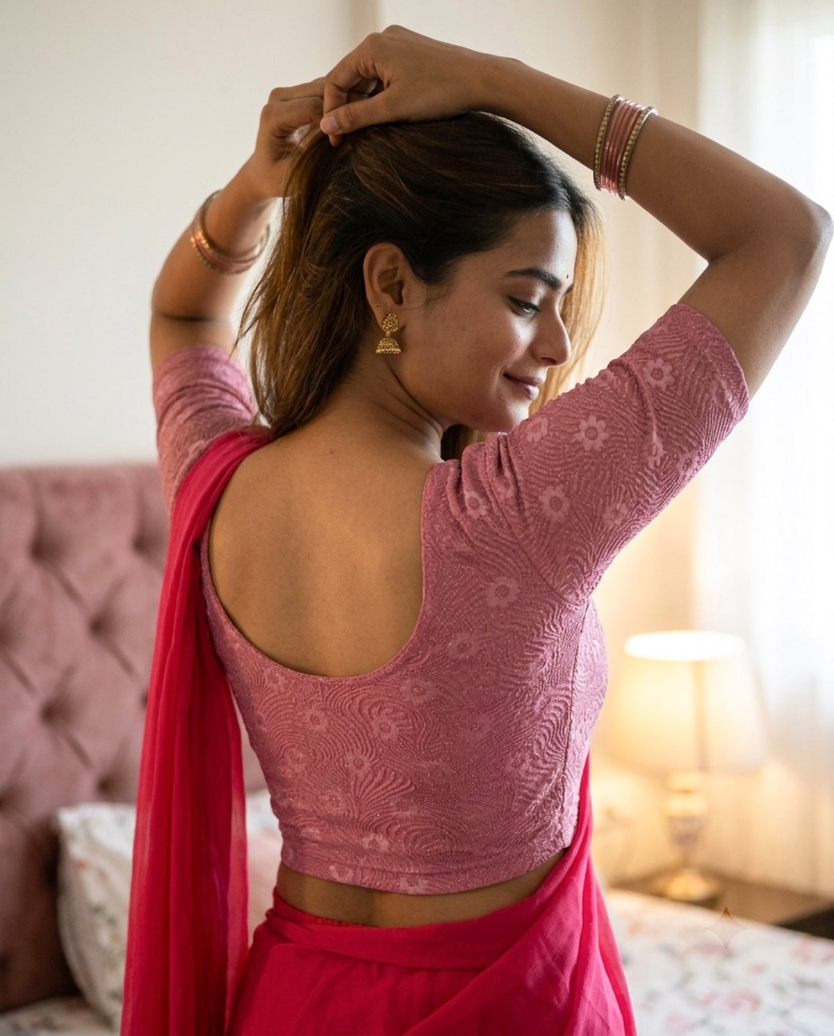 Daisy onion embossed floral glitter blouse styled with a saree by Advi - lookbook