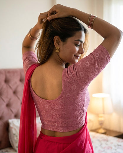Daisy onion embossed floral glitter blouse styled with a saree by Advi - lookbook