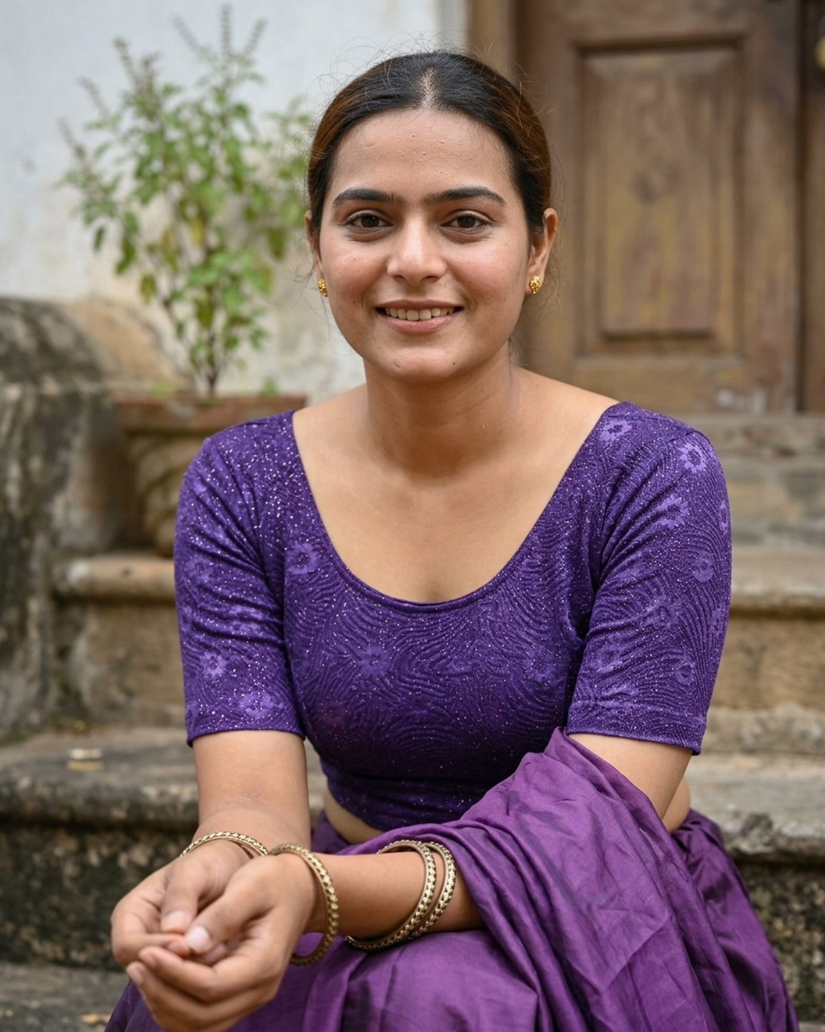Daisy purple embossed floral glitter blouse styled with a saree by Advi - lookbook