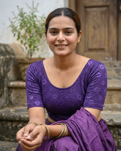 Daisy purple embossed floral glitter blouse styled with a saree by Advi - lookbook
