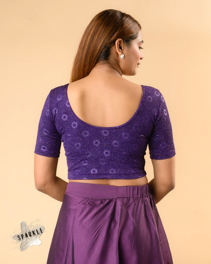 Daisy purple stretch blouse showing the deep round back by Advi - back
