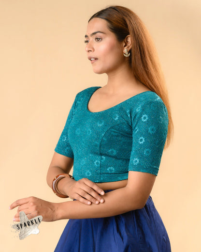 Daisy rama green glitter floral blouse side view with elbow sleeves by Advi - side