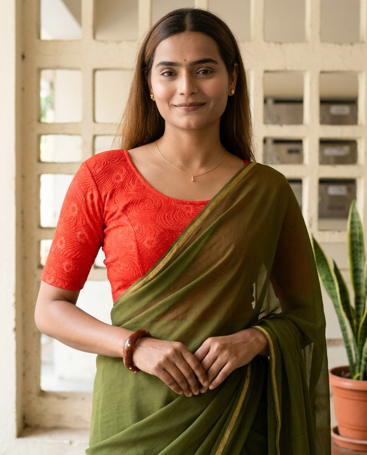 Daisy red embossed floral glitter blouse styled with a saree by Advi - lookbook