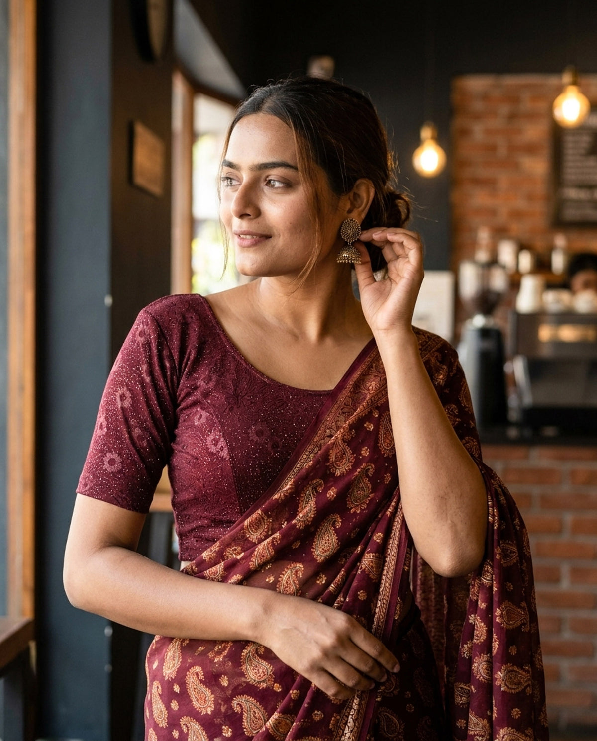 Daisy wine embossed floral glitter blouse styled with a saree by Advi - lookbook